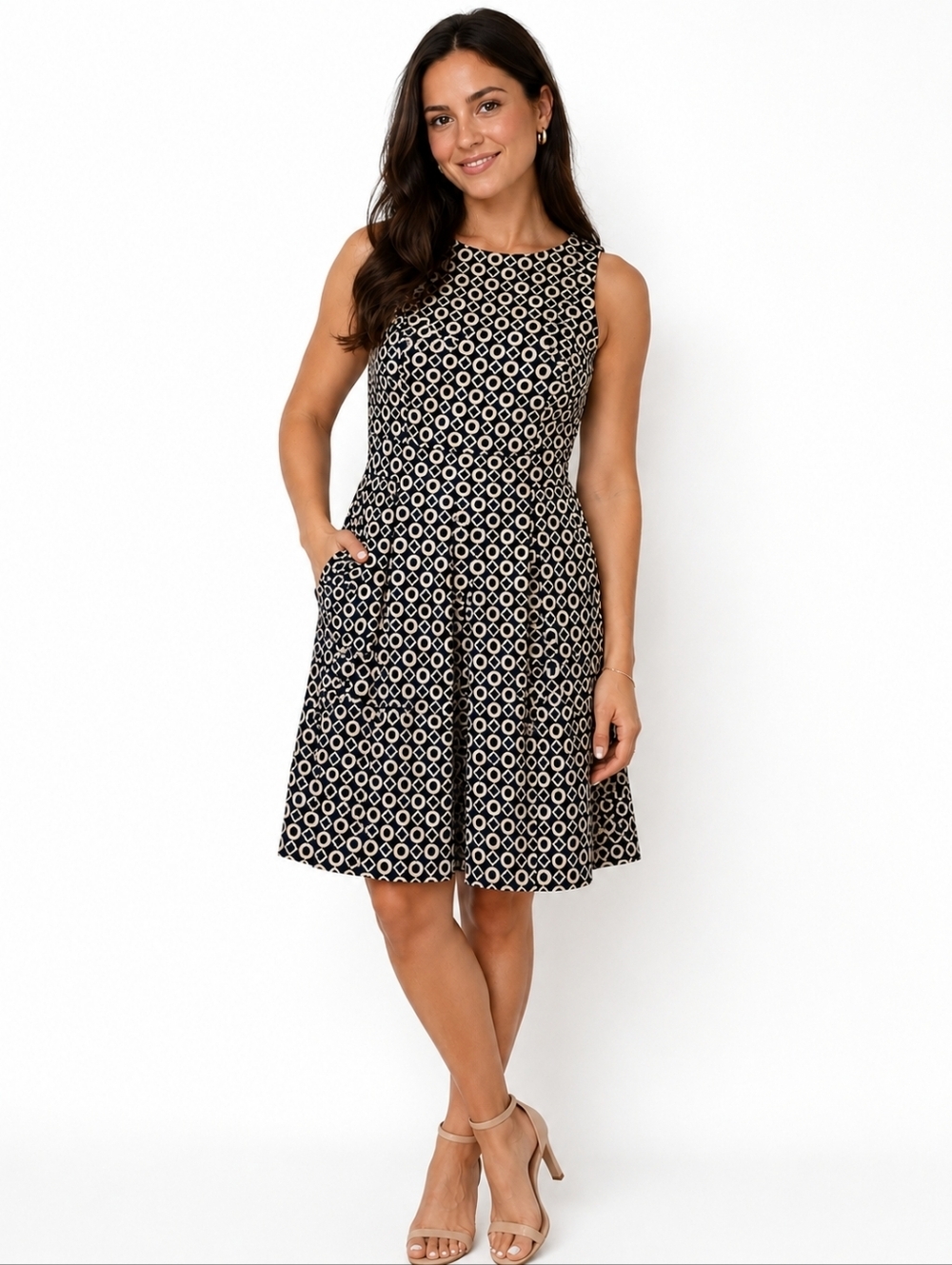 Lauren Ralph Lauren sleeveless cocktail dress navy blue gold geometric Size 4